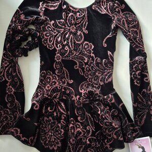 Mondor competition show figure skating dress black pink sparkles sequins 8-10